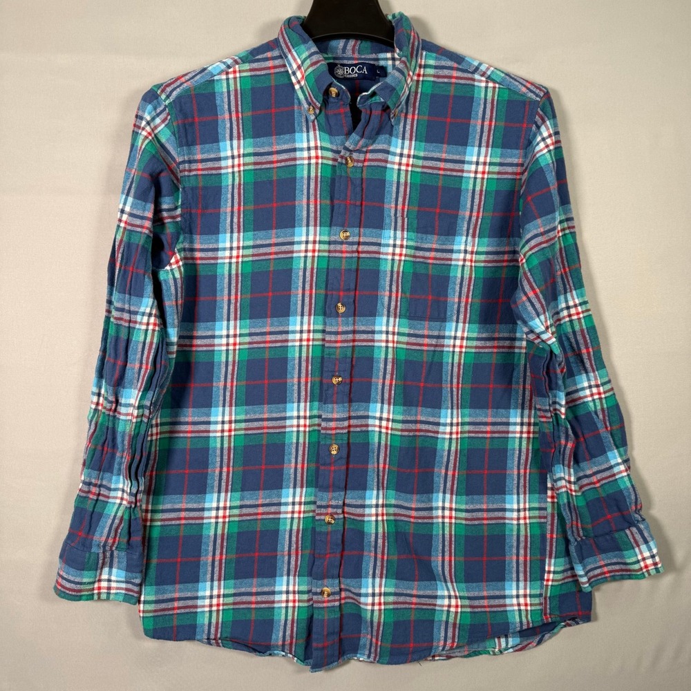 Boca Classics Plaid Flannel Button‎ Up Shirt Men's Large Blue Green Red Cotton